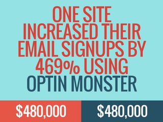 $480,000
ONE SITE
INCREASED THEIR
EMAIL SIGNUPS BY
469% USING
OPTIN MONSTER
$480,000
 