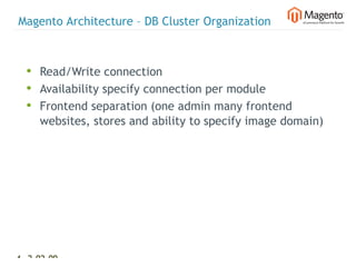 Magento Architecture – DB Cluster Organization



  • Read/Write connection
  • Availability specify connection per module
  • Frontend separation (one admin many frontend
     websites, stores and ability to specify image domain)




45 2-02-09   |
 