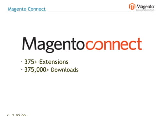 Magento Connect




      •   375+ Extensions
      •   375,000+ Downloads




6 2-02-09   |
 