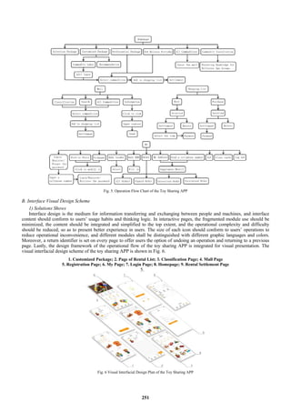 Fig. 5. Operation Flow Chart of the Toy Sharing APP
B. Interface Visual Design Scheme
1) Solutions Shows
Interface design is the medium for information transferring and exchanging between people and machines, and interface
content should conform to users’ usage habits and thinking logic. In interactive pages, the fragmented module use should be
minimized, the content should be integrated and simplified to the top extent, and the operational complexity and difficulty
should be reduced, so as to present better experience in users. The size of each icon should conform to users’ operations to
reduce operational inconvenience, and different modules shall be distinguished with different graphic languages and colors.
Moreover, a return identifier is set on every page to offer users the option of undoing an operation and returning to a previous
page. Lastly, the design framework of the operational flow of the toy sharing APP is integrated for visual presentation. The
visual interfacial design scheme of the toy sharing APP is shown in Fig. 6.
1. Customized Package; 2. Page of Rental List; 3. Classification Page; 4. Mall Page
5. Registration Page; 6. My Page; 7. Login Page; 8. Homepage; 9. Rental Settlement Page
5.
Fig. 6 Visual Interfacial Design Plan of the Toy Sharing APP
251
 