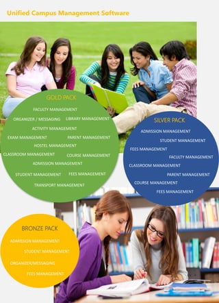 Unified Campus Management Software
ADMISSION MANAGEMENT
STUDENT MANAGEMENT
FEES MANAGEMENT
ORGANIZER/MESSAGING
BRONZE PACK
FACULTY MANAGEMENT
LIBRARY MANAGEMENTORGANIZER / MESSAGING
ACTIVITY MANAGEMENT
EXAM MANAGEMENT PARENT MANAGEMENT
HOSTEL MANAGEMENT
CLASSROOM MANAGEMENT
FEES MANAGEMENT
COURSE MANAGEMENT
ADMISSION MANAGEMENT
STUDENT MANAGEMENT
TRANSPORT MANAGEMENT
GOLD PACK
ADMISSION MANAGEMENT
STUDENT MANAGEMENT
FEES MANAGEMENT
FACULTY MANAGEMENT
CLASSROOM MANAGEMENT
PARENT MANAGEMENT
COURSE MANAGEMENT
FEES MANAGEMENT
SILVER PACK
 