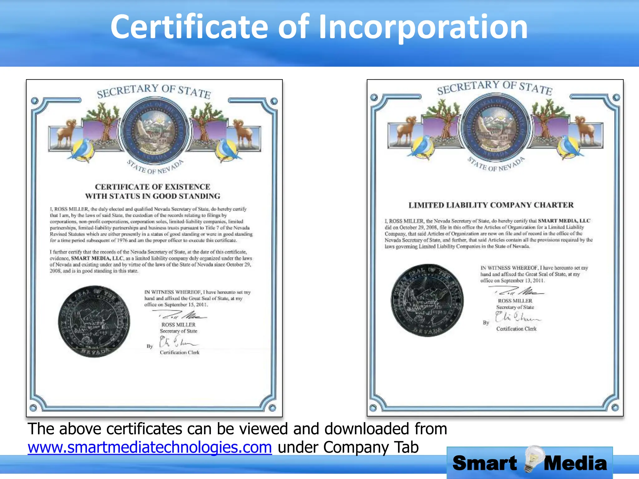 Certificate of Incorporation
Smart Media
The above certificates can be viewed and downloaded from
www.smartmediatechnologies.com under Company Tab
 