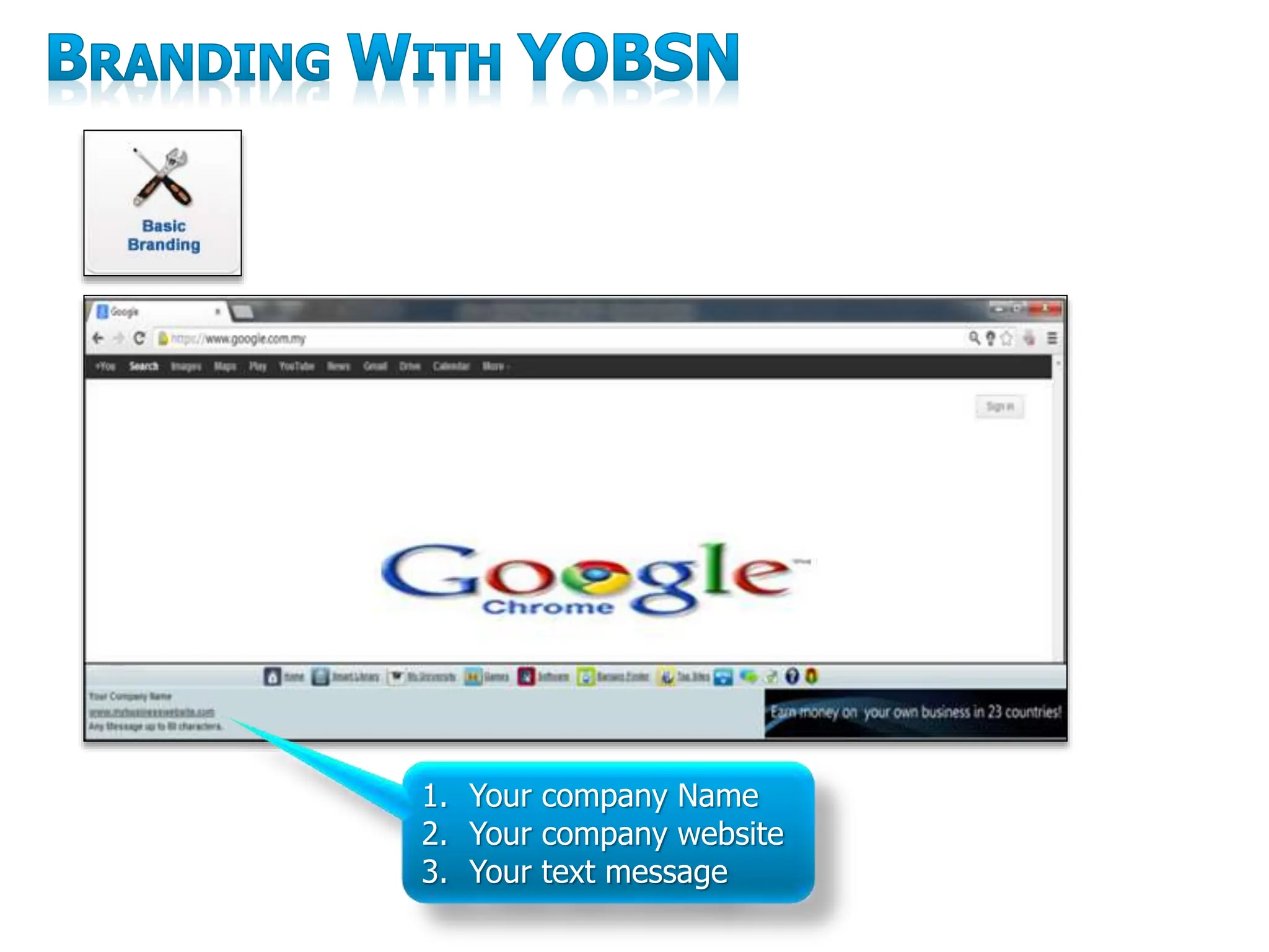 1. Your company Name
2. Your company website
3. Your text message
 