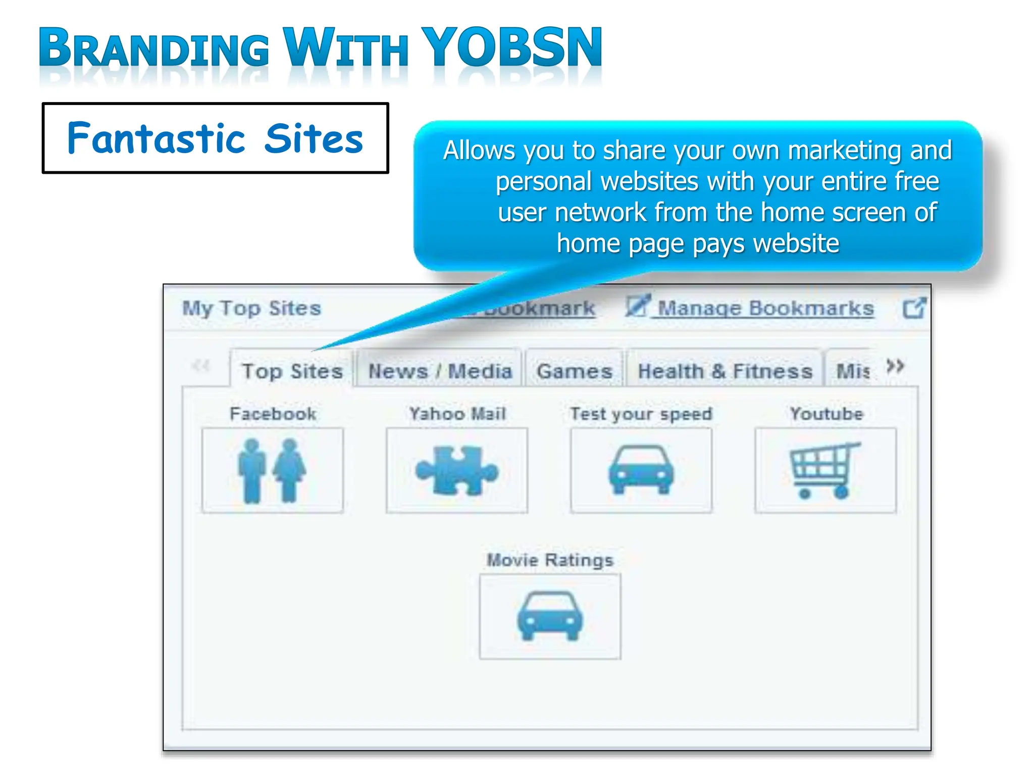 Allows you to share your own marketing and
personal websites with your entire free
user network from the home screen of
home page pays website
Fantastic Sites
 