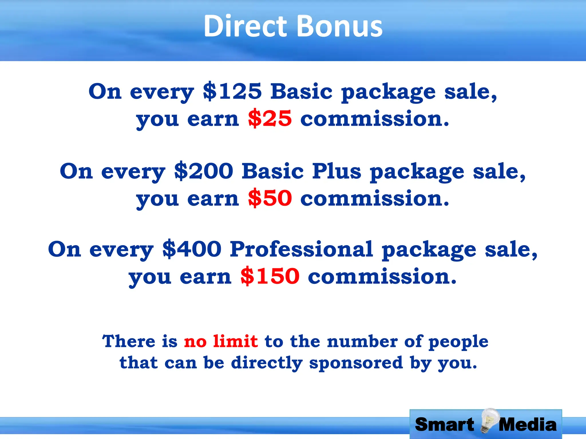 Direct Bonus
Smart Media
On every $125 Basic package sale,
you earn $25 commission.
There is no limit to the number of people
that can be directly sponsored by you.
On every $200 Basic Plus package sale,
you earn $50 commission.
On every $400 Professional package sale,
you earn $150 commission.
 