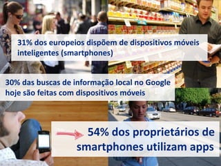31% dos europeios dispõem de dispositivos móveis
   inteligentes (smartphones)


30% das buscas de informação local no Google
hoje são feitas com dispositivos móveis



                                  54% dos proprietários de
                                smartphones utilizam apps
         YOC-Group | Madrid | 2010                     4
 