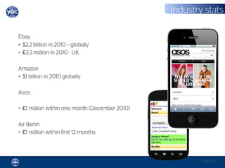 Industry stats

Ebay
• $2.2 billion in 2010 – globally
• £3.3 million in 2010 - UK

Amazon
• $1 billion in 2010 globally

Asos

• £1 million within one month (December 2010)

Air Berlin
• £1 million within first 12 months




                                                        NMA 2011
 