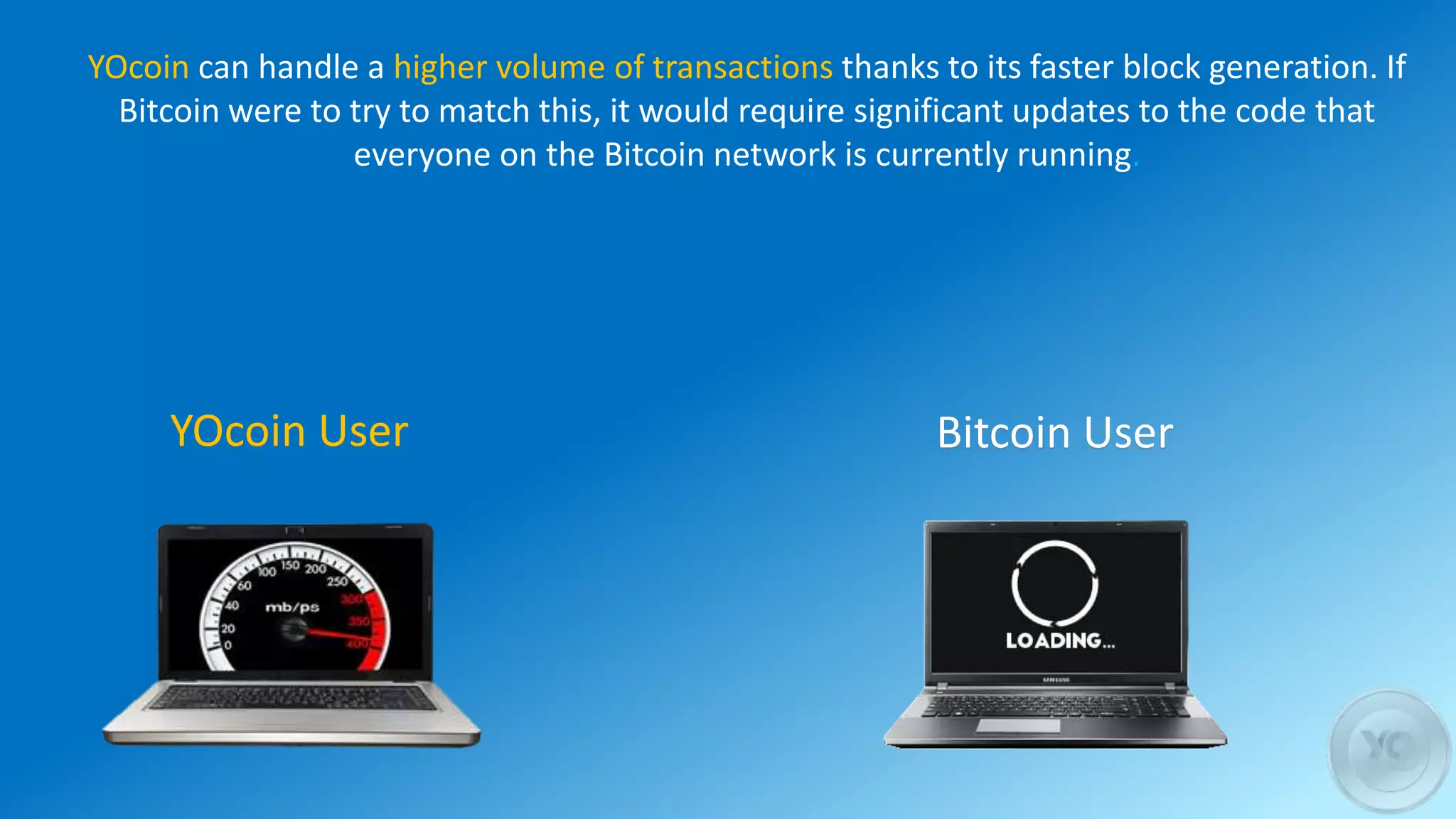 YOcoin can handle a higher volume of transactions thanks to its faster block generation. If
Bitcoin were to try to match this, it would require significant updates to the code that
everyone on the Bitcoin network is currently running.
YOcoin User Bitcoin User
 