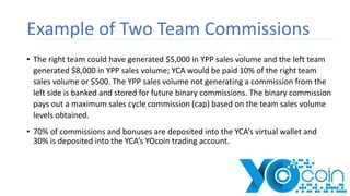 Example of Two Team Commissions
• The right team could have generated $5,000 in YPP sales volume and the left team
generated $8,000 in YPP sales volume; YCA would be paid 10% of the right team
sales volume or $500. The YPP sales volume not generating a commission from the
left side is banked and stored for future binary commissions. The binary commission
pays out a maximum sales cycle commission (cap) based on the team sales volume
levels obtained.
• 70% of commissions and bonuses are deposited into the YCA’s virtual wallet and
30% is deposited into the YCA’s YOcoin trading account.
 