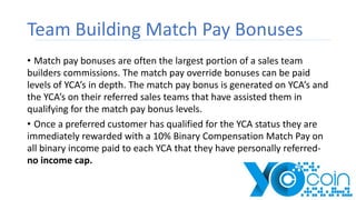 Team Building Match Pay Bonuses
• Match pay bonuses are often the largest portion of a sales team
builders commissions. The match pay override bonuses can be paid
levels of YCA’s in depth. The match pay bonus is generated on YCA’s and
the YCA’s on their referred sales teams that have assisted them in
qualifying for the match pay bonus levels.
• Once a preferred customer has qualified for the YCA status they are
immediately rewarded with a 10% Binary Compensation Match Pay on
all binary income paid to each YCA that they have personally referred-
no income cap.
 