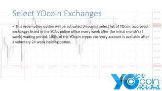 Select YOcoin Exchanges
• This redemption option will be activated through a select list of YOcoin approved
exchanges listed in the YCA’s online office every week after the initial month’s (4
week) waiting period. 100% of the YOcoin crypto currency account is available after
a voluntary 24 week holding option.
 