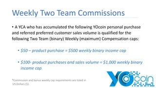Weekly Two Team Commissions
• A YCA who has accumulated the following YOcoin personal purchase
and referred preferred customer sales volume is qualified for the
following Two Team (binary) Weekly (maximum) Compensation caps:
• $50 – product purchase = $500 weekly binary income cap
• $100- product purchases and sales volume = $1,000 weekly binary
income cap
*Commission and bonus weekly cap requirements are listed in
US Dollars ($).
 
