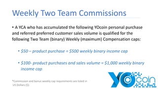 Weekly Two Team Commissions
• A YCA who has accumulated the following YOcoin personal purchase
and referred preferred cust...