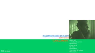 ma.carmen.dope@gmail.com
                           5547761303

                     Sofwares           Autocad
                                        Autodesk Inventor
                                        Photoshop
                                        Corel Draw
                                        3D Max
                                        Rhinoceros
                                        Vray para 3D Max y
CIDI UNAM                               Rhinoceos
 