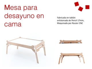 Fabricada en tablón
enlistonado de Pencil 17mm,
Maquinado por Router CNC
 