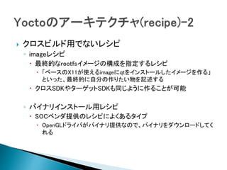  クロスビルド用でないレシピ
◦ imageレシピ
 最終的なrootfsイメージの構成を指定するレシピ
 「ベースのX11が使えるimageにqtをインストールしたイメージを作る」
といった、最終的に自分の作りたい物を記述する
 クロスSDKやターゲットSDKも同じように作ることが可能
◦ バイナリインストール用レシピ
 SOCベンダ提供のレシピによくあるタイプ
 OpenGLドライバがバイナリ提供なので、バイナリをダウンロードしてく
れる
 