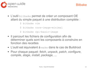 Bitbake


●   L’outil bitbake permet de créer un composant OE
    allant du simple paquet à une distribution complète :
           $ bitbake vim
           $ bitbake core-image-minimal
           $ bitbake rpi-basic-image
●   Il parcourt les fichiers de configuration afin de
    déterminer quels sont les composants à construire en
    fonction des recettes
●   L’outil est équivalent à make dans le cas de Buildroot
●   Pour chaque paquet: fetch, unpack, patch, configure,
    compile, stage, install, package, ...


                         Yocto / OpenEmbedded                14
 