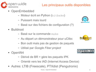 Les principaux outils disponibles
●   OpenEmbedded
        –   Moteur écrit en Python (bitbake)
        –   Puissant mais lourd
        –   Basé sur des fichiers de configuration (?)
●   Buildroot
        –   Basé sur la commande make
        –   Au départ un démonstrateur pour uClibc
        –   Bon outil mais pas de gestion de paquets
        –   Utilisé par Google Fiber project
●   OpenWrt
        –   Dérivé de BR + gère les paquets IPK
        –   Orienté vers les IAD (Internet Access Device)
●   Autres: LTIB (Freescale), PTXdist (Pengutronix)
                           Yocto / OpenEmbedded             6
 