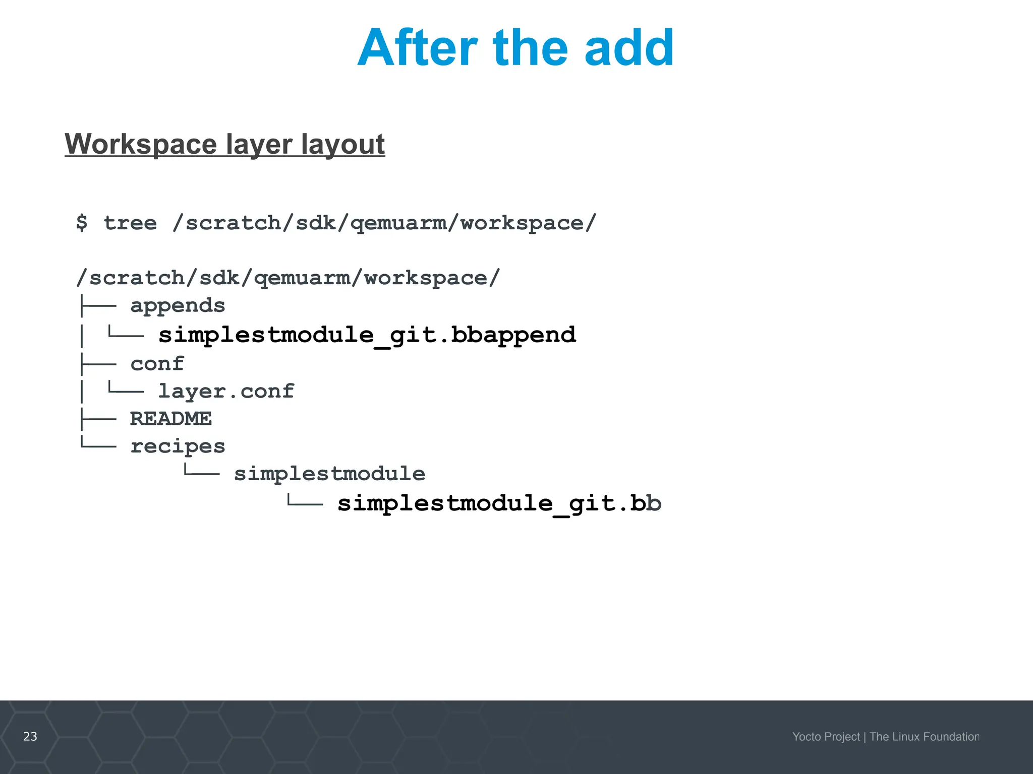 23 Yocto Project | The Linux Foundation
After the add
Workspace layer layout
$ tree /scratch/sdk/qemuarm/workspace/
/scratch/sdk/qemuarm/workspace/
├── appends
│ └── simplestmodule_git.bbappend
├── conf
│ └── layer.conf
├── README
└── recipes
└── simplestmodule
└── simplestmodule_git.bb
 