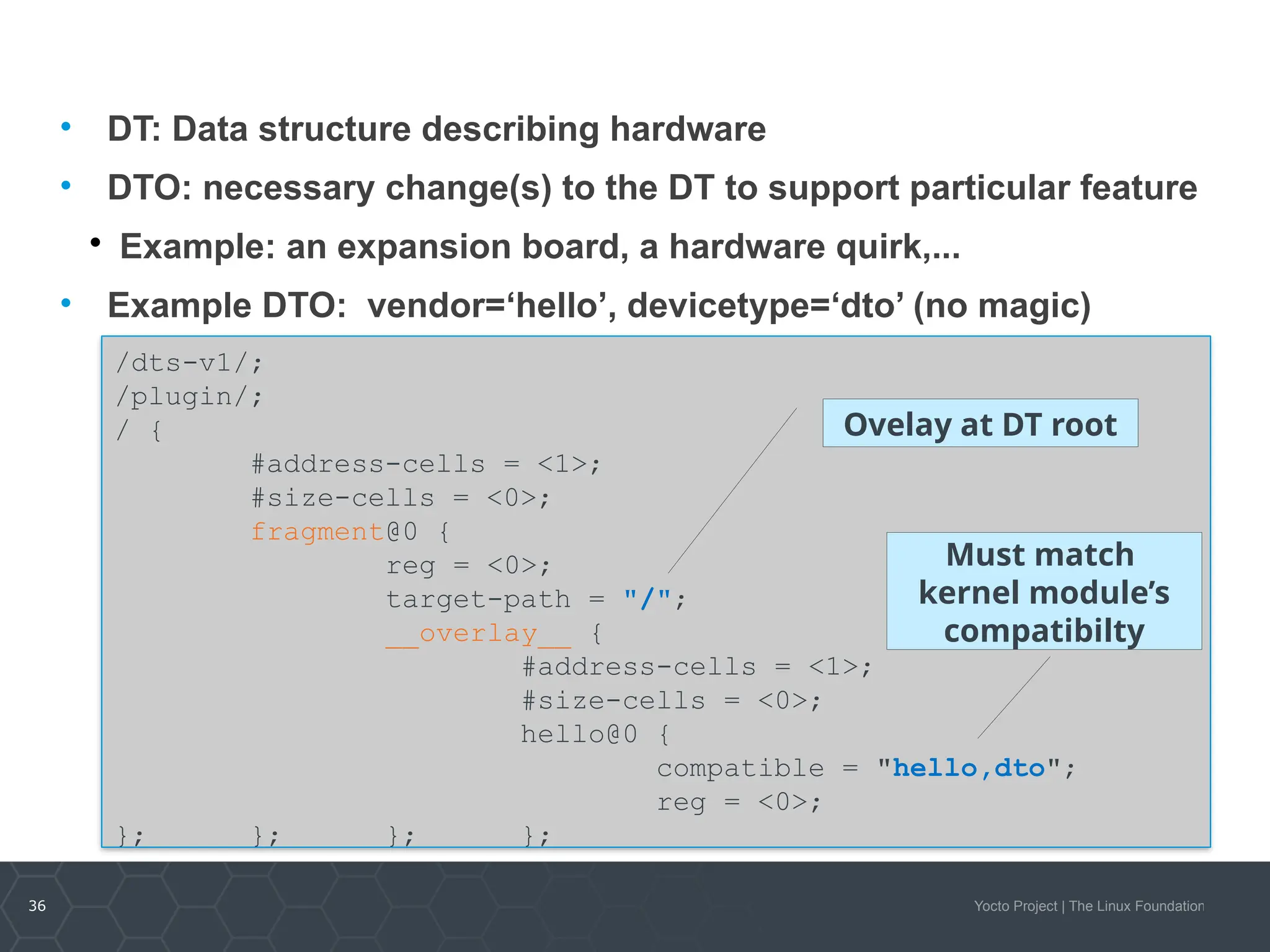 36 Yocto Project | The Linux Foundation
• DT: Data structure describing hardware
• DTO: necessary change(s) to the DT to support particular feature

Example: an expansion board, a hardware quirk,...
• Example DTO: vendor=‘hello’, devicetype=‘dto’ (no magic)
/dts-v1/;
/plugin/;
/ {
#address-cells = <1>;
#size-cells = <0>;
fragment@0 {
reg = <0>;
target-path = "/";
__overlay__ {
#address-cells = <1>;
#size-cells = <0>;
hello@0 {
compatible = "hello,dto";
reg = <0>;
}; }; }; };
Ovelay at DT root
Must match
kernel module’s
compatibilty
 