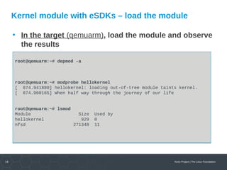 18 Yocto Project | The Linux Foundation
Kernel module with eSDKs – load the module
• In the target (qemuarm), load the module and observe
the results
root@qemuarm:~# depmod -a
root@qemuarm:~# modprobe hellokernel
[ 874.941880] hellokernel: loading out-of-tree module taints kernel.
[ 874.960165] When half way through the journey of our life
root@qemuarm:~# lsmod
Module Size Used by
hellokernel 929 0
nfsd 271348 11
root@qemuarm:~# depmod -a
root@qemuarm:~# modprobe hellokernel
[ 874.941880] hellokernel: loading out-of-tree module taints kernel.
[ 874.960165] When half way through the journey of our life
root@qemuarm:~# lsmod
Module Size Used by
hellokernel 929 0
nfsd 271348 11
 