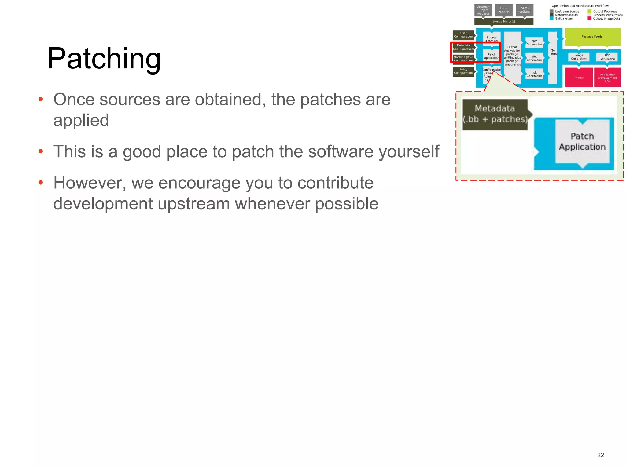 Patching
• Once sources are obtained, the patches are
applied
• This is a good place to patch the software yourself
• However, we encourage you to contribute
development upstream whenever possible
22
 