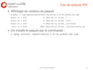 Cas du paquet IPK
●   Affichage du contenu du paquet
    $ dpkg -c tmp/deploy/ipk/armv6-vfp/hello_1.0-r0_armv6-vfp.ipk
    drwxr-xr-x 0/0                0 2013-02-11 16:56 ./
    drwxr-xr-x 0/0                0 2013-02-11 16:56 ./usr/
    drwxr-xr-x 0/0                0 2013-02-11 16:56 ./usr/bin/
    -rwxr-xr-x 0/0           2952 2013-02-11 16:56 ./usr/bin/hello_oe
●   On installe le paquet par la commande :
    # opkg install <path>/hello_1.0-r0_armv6-vfp.ipk




                             Yocto / OpenEmbedded                       25
 