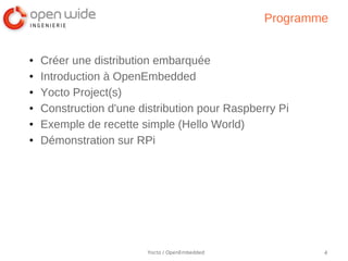 Programme


●   Créer une distribution embarquée
●   Introduction à OpenEmbedded
●   Yocto Project(s)
●   Construction d'une distribution pour Raspberry Pi
●   Exemple de recette simple (Hello World)
●   Démonstration sur RPi




                         Yocto / OpenEmbedded           4
 