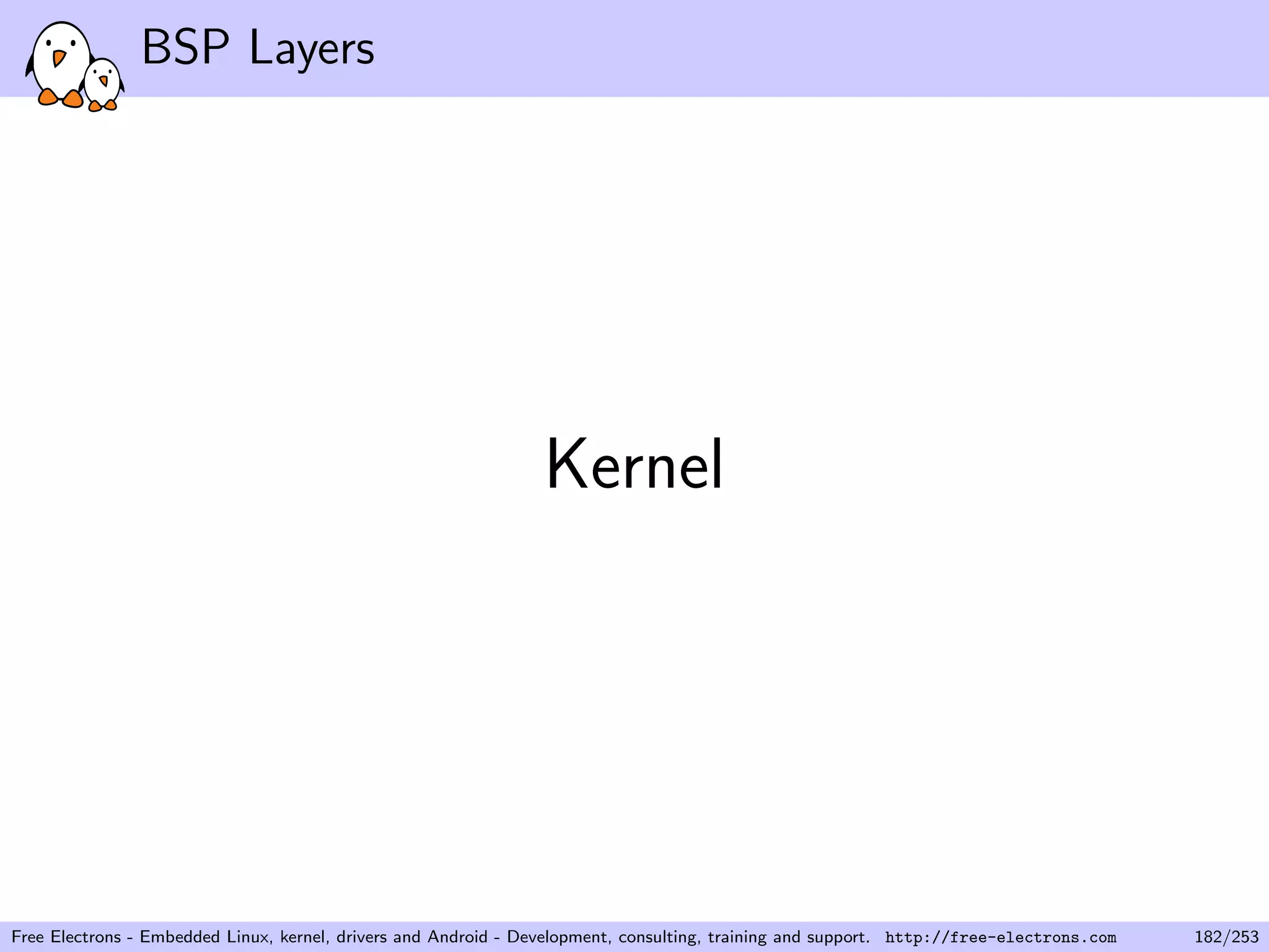 BSP Layers
Kernel
Free Electrons - Embedded Linux, kernel, drivers and Android - Development, consulting, training and support. http://free-electrons.com 182/253
 