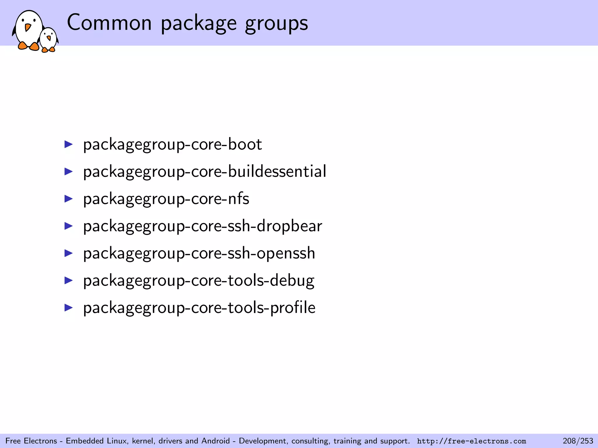 Common package groups
packagegroup-core-boot
packagegroup-core-buildessential
packagegroup-core-nfs
packagegroup-core-ssh-dropbear
packagegroup-core-ssh-openssh
packagegroup-core-tools-debug
packagegroup-core-tools-proﬁle
Free Electrons - Embedded Linux, kernel, drivers and Android - Development, consulting, training and support. http://free-electrons.com 208/253
 