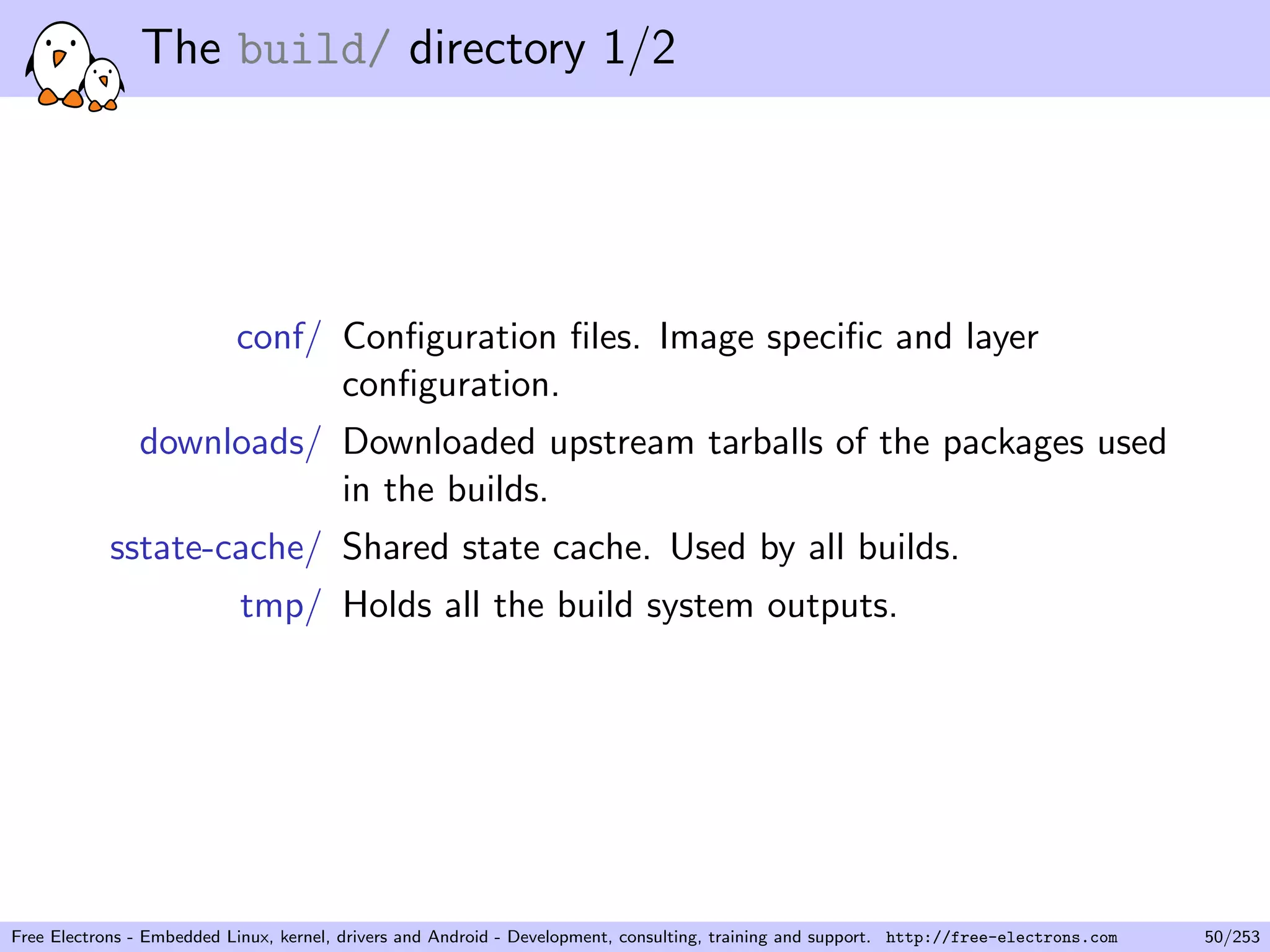 The build/ directory 1/2
conf/ Conﬁguration ﬁles. Image speciﬁc and layer
conﬁguration.
downloads/ Downloaded upstream tarballs of the packages used
in the builds.
sstate-cache/ Shared state cache. Used by all builds.
tmp/ Holds all the build system outputs.
Free Electrons - Embedded Linux, kernel, drivers and Android - Development, consulting, training and support. http://free-electrons.com 50/253
 