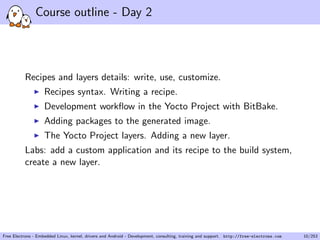 Course outline - Day 2
Recipes and layers details: write, use, customize.
Recipes syntax. Writing a recipe.
Development workﬂow in the Yocto Project with BitBake.
Adding packages to the generated image.
The Yocto Project layers. Adding a new layer.
Labs: add a custom application and its recipe to the build system,
create a new layer.
Free Electrons - Embedded Linux, kernel, drivers and Android - Development, consulting, training and support. http://free-electrons.com 10/253
 