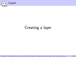 Layers
Creating a layer
Free Electrons - Embedded Linux, kernel, drivers and Android - Development, consulting, training and support. http://free-electrons.com 148/253
 