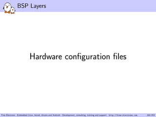 BSP Layers
Hardware conﬁguration ﬁles
Free Electrons - Embedded Linux, kernel, drivers and Android - Development, consulting, training and support. http://free-electrons.com 164/253
 