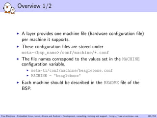 Overview 1/2
A layer provides one machine ﬁle (hardware conﬁguration ﬁle)
per machine it supports.
These conﬁguration ﬁles are stored under
meta-<bsp_name>/conf/machine/*.conf
The ﬁle names correspond to the values set in the MACHINE
conﬁguration variable.
meta-ti/conf/machine/beaglebone.conf
MACHINE = "beaglebone"
Each machine should be described in the README ﬁle of the
BSP.
Free Electrons - Embedded Linux, kernel, drivers and Android - Development, consulting, training and support. http://free-electrons.com 165/253
 