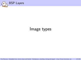 BSP Layers
Image types
Free Electrons - Embedded Linux, kernel, drivers and Android - Development, consulting, training and support. http://free-electrons.com 171/253
 