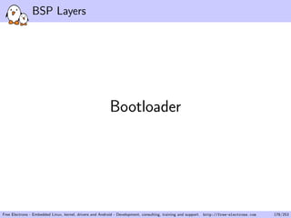 BSP Layers
Bootloader
Free Electrons - Embedded Linux, kernel, drivers and Android - Development, consulting, training and support. http://free-electrons.com 178/253
 