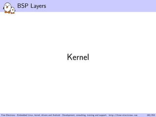 BSP Layers
Kernel
Free Electrons - Embedded Linux, kernel, drivers and Android - Development, consulting, training and support. http://free-electrons.com 182/253
 