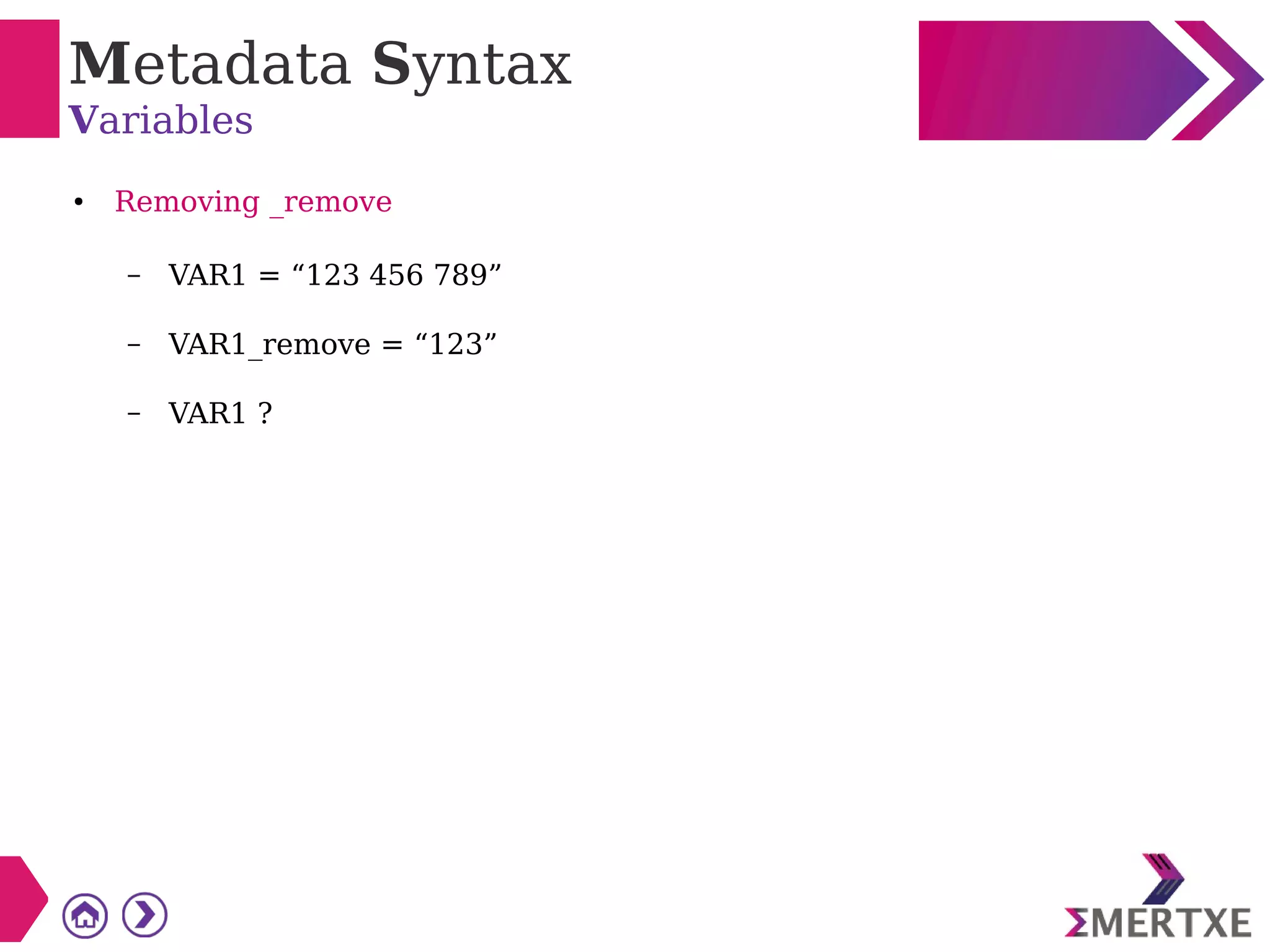 Metadata Syntax
Variables
● Removing _remove
– VAR1 = “123 456 789”
– VAR1_remove = “123”
– VAR1 ?
 