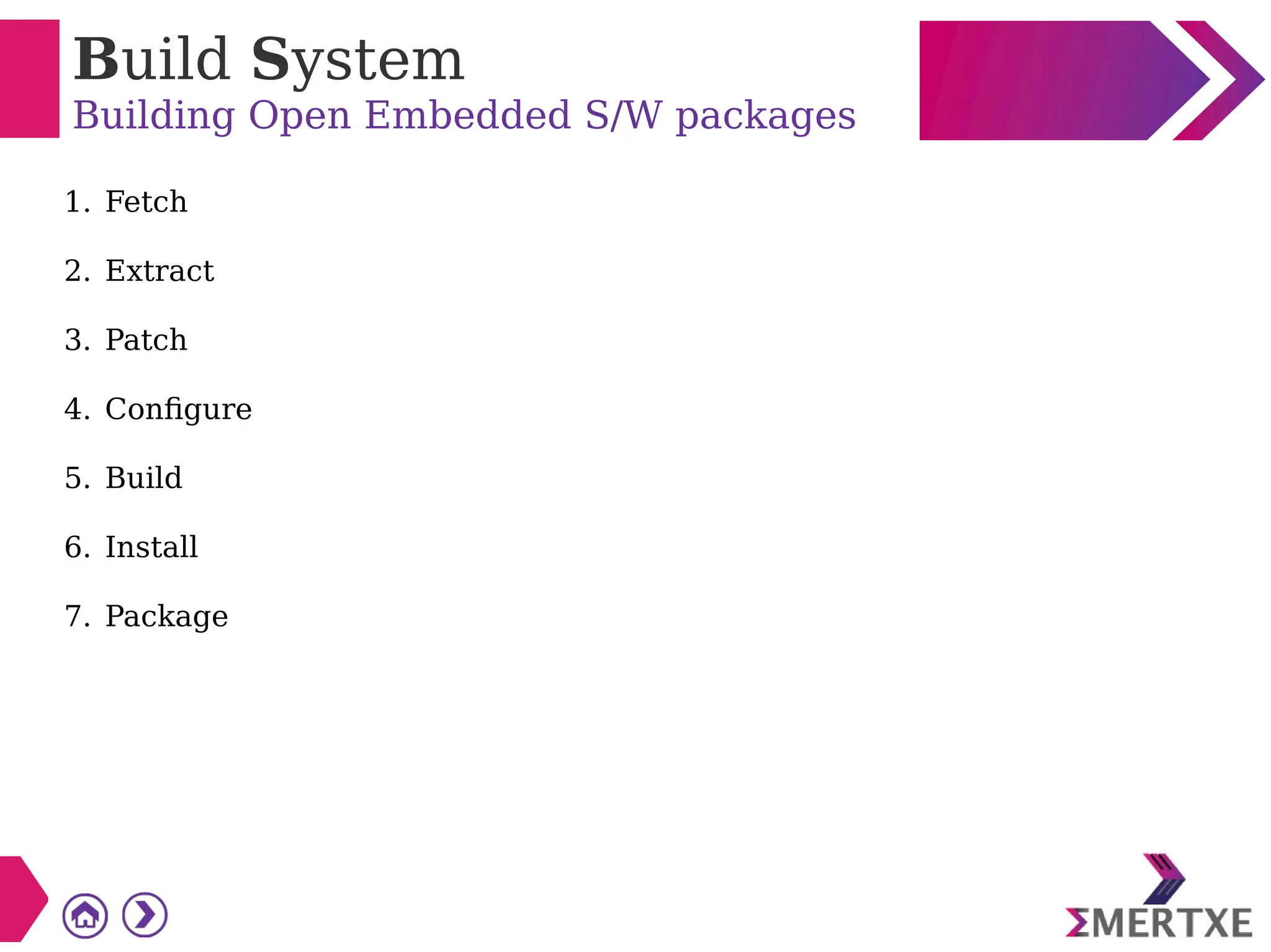 Build System
Building Open Embedded S/W packages
1. Fetch
2. Extract
3. Patch
4. Configure
5. Build
6. Install
7. Package
 