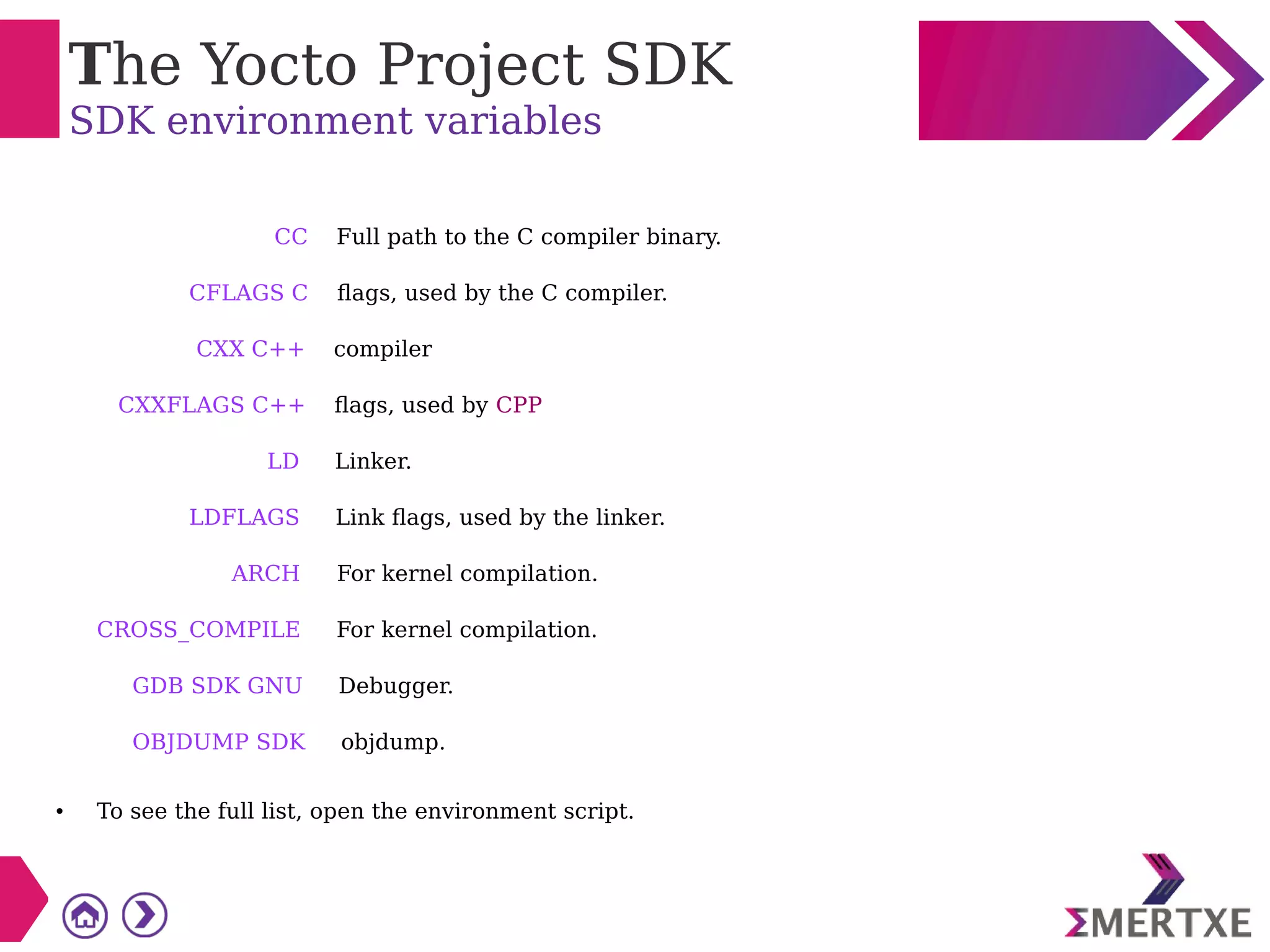 The Yocto Project SDK
SDK environment variables
CC Full path to the C compiler binary.
CFLAGS C flags, used by the C compiler.
CXX C++ compiler
CXXFLAGS C++ flags, used by CPP
LD Linker.
LDFLAGS Link flags, used by the linker.
ARCH For kernel compilation.
CROSS_COMPILE For kernel compilation.
GDB SDK GNU Debugger.
OBJDUMP SDK objdump.
● To see the full list, open the environment script.
 