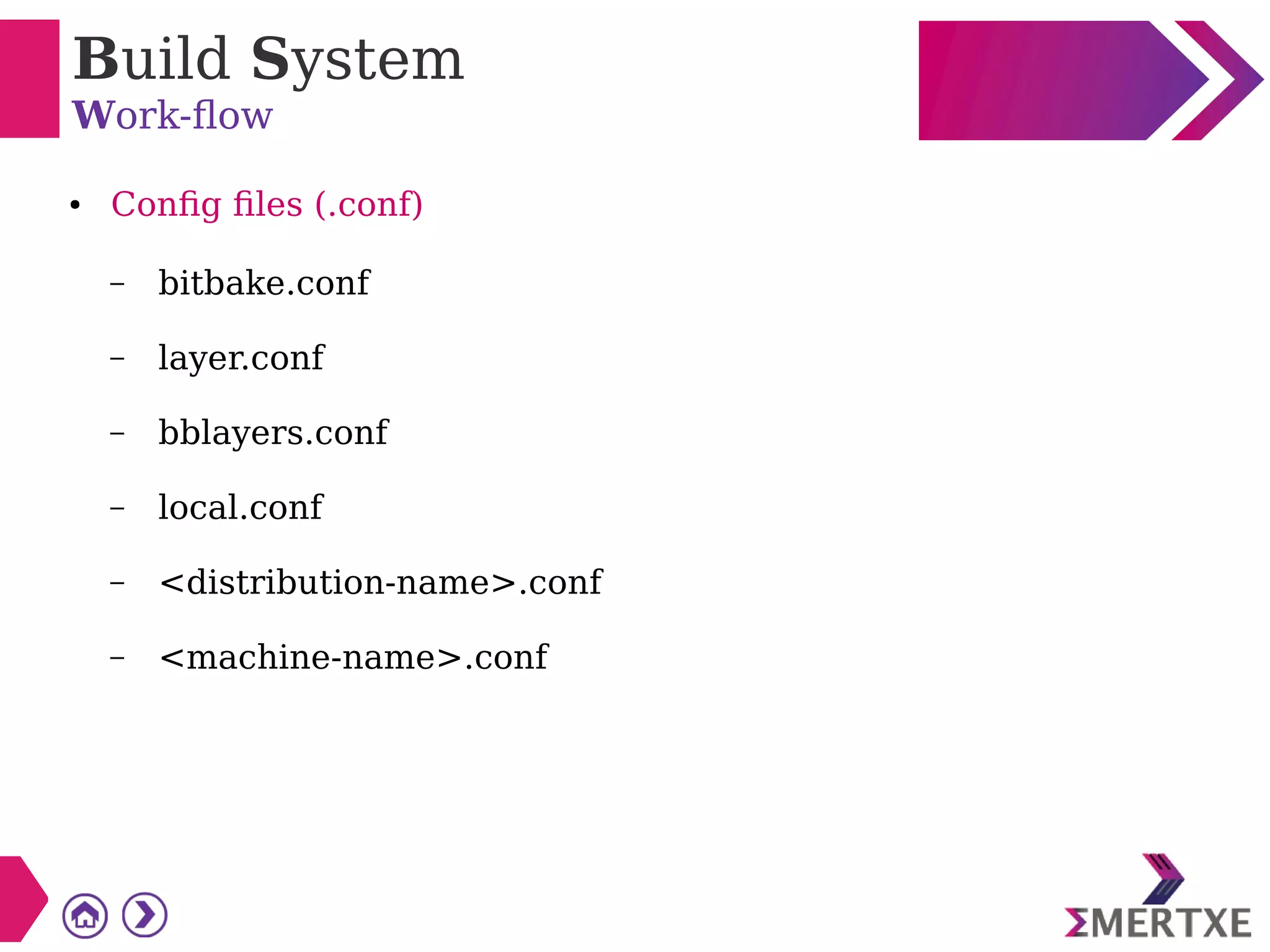 Build System
Work-flow
● Config files (.conf)
– bitbake.conf
– layer.conf
– bblayers.conf
– local.conf
– <distribution-name>.conf
– <machine-name>.conf
 