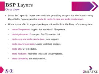 BSP Layers
Overview
● Many SoC specific layers are available, providing support for the boards using
these SoCs. Some examples: meta-ti, meta-fsl-arm and meta-raspberrypi..
● Other layers offer to support packages not available in the Poky reference system:
– meta-filesystems: support for additional filesystems.
– meta-gstreamer10: support for GStreamer 1.0.
– meta-java and meta-oracle-java: Java support.
– meta-linaro-toolchain: Linaro toolchain recipes.
– meta-qt5: QT5 modules.
– meta-realtime: real time tools and test programs.
– meta-telephony and many more...
 