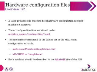 Hardware configuration files
Overview 1/2
● A layer provides one machine file (hardware configuration file) per
machine it supports.
● These configuration files are stored under
metabsp_name>/conf/machine/*.conf
● The file names correspond to the values set in the MACHINE
configuration variable.
– meta-ti/conf/machine/beaglebone.conf
– MACHINE = "beaglebone"
● Each machine should be described in the README file of the BSP
 