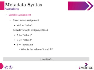 Metadata Syntax
Variables
● Variable Assignment
– Direct value assignment
● VAR = “value”
– Default variable assignment(?=)
● A ?= “value1”
● B ?= “value2”
● B = “newvalue”
– What is the value of A and B?
= overrides ?=
 