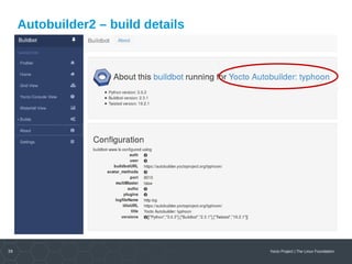 39 Yocto Project | The Linux Foundation
Autobuilder2 – build details
 
