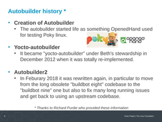 9 Yocto Project | The Linux Foundation
Autobuilder history *
• Creation of Autobuilder
• The autobuilder started life as s...