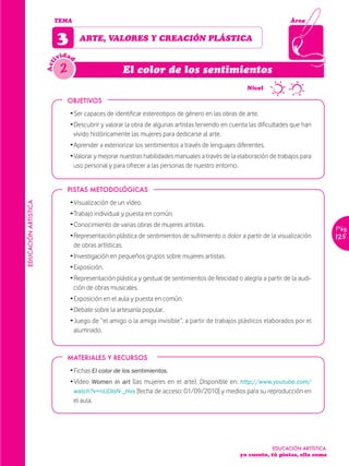 TEMA                                                                                           Área


                            3        ARTE, VALORES Y CREACIÓN PLÁSTICA

                              idad
                            iv
                             2
                      Act


                                                     El color de los sentimientos
                                                                                               ~      Nivel

                                OBJETIVOS
                                 Ž Ser capaces de identificar estereotipos de género en las obras de arte.
                                 Ž Descubrir y valorar la obra de algunas artistas teniendo en cuenta las dificultades que han
                                   vivido históricamente las mujeres para dedicarse al arte.
                                 Ž Aprender a exteriorizar los sentimientos a través de lenguajes diferentes.
                                 Ž Valorar y mejorar nuestras habilidades manuales a través de la elaboración de trabajos para
                                   uso personal y para ofrecer a las personas de nuestro entorno.


                                PISTAS METODOLÓGICAS
                                 Ž Visualización de un vídeo.
EDUCACIÓN ARTÍSTICA




                                 Ž Trabajo individual y puesta en común.
                                 Ž Conocimiento de varias obras de mujeres artistas.
                                                                                                                                      Pág.
                                 Ž Representación plástica de sentimientos de sufrimiento o dolor a partir de la visualización        125
                                   de obras artísticas.
                                 Ž Investigación en pequeños grupos sobre mujeres artistas.
                                 Ž Exposición.
                                 Ž Representación plástica y gestual de sentimientos de felicidad o alegría a partir de la audi-
                                   ción de obras musicales.
                                 Ž Exposición en el aula y puesta en común.
                                 Ž Debate sobre la artesanía popular.
                                 Ž Juego de “el amigo o la amiga invisible”, a partir de trabajos plásticos elaborados por el
                                   alumnado.


                                MATERIALES Y RECURSOS
                                 Ž Fichas El color de los sentimientos.
                                 Ž Vídeo Women in art (las mujeres en el arte). Disponible en: http://www.youtube.com/
                                   watch?v=nUDIoN-_Hxs [fecha de acceso: 01/09/2010] y medios para su reproducción en
                                   el aula.




                                                                                                                EDUCACIÓN ARTÍSTICA
                                                                                                   yo cuento, tú pintas, ella suma
 