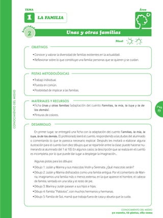 TEMA                                                                                                Área


                               1          LA FAMILIA

                               ividad
                         Act



                                2                                 Unas y otras familias
                                                                                                           Nivel

                                    OBJETIVOS

                                     Ž Conocer y valorar la diversidad de familias existentes en la actualidad.
                                     Ž Reflexionar sobre lo que constituye una familia: personas que se quieren y se cuidan.



                                    PISTAS METODOLÓGICAS

                                     Ž Trabajo individual.
                                     Ž Puesta en común.
                                     Ž Posibilidad de implicar a las familias.
CONOCIMIENTO DEL MEDIO




                                    MATERIALES Y RECURSOS
                                    Ž Ficha Unas y otras familias (adaptación del cuento Familias, la mía, la tuya y la de                 Pág.
                                      los demás).                                                                                          19
                                     Ž Pinturas de colores.

                                    DESARROLLO

                                      En primer lugar, se entregará una ficha con la adaptación del cuento Familias, la mía, la
                                  tuya, la de los demás. El profesorado leerá el cuento, respondiendo a las dudas del alumnado
                                  o comentando lo que le parezca necesario explicar. Después les invitará a elaborar alguna
                                  ilustración para el cuento (son diez dibujos que se repartirán entre la clase; puede hacerse nu-
                                  merando al alumnado del 1 al 10). En algunos casos, la descripción que se realiza en el cuento
                                  es incompleta, por lo que puede dar lugar a desplegar la imaginación…

                                        Algunas pistas para los dibujos:
                                     Ž Dibujo 1: Julián y Marina y sus mascotas Violín y Serenata. ¿Qué mascotas serán?
                                     Ž Dibujo 2: Julián y Marina disfrazados como una familia antigua. Por el comentario de Mari-
                                       na, imaginamos una familia más o menos extensa, en la que aparece el hombre, el cabeza
                                       de familia, sentado en una silla y el resto de pie.
                                     Ž Dibujo 3: Marina y Julián pasean a sus hijos e hijas.
                                     Ž Dibujo 4: Familia “Pablotos”, con muchos hermanos y hermanas.
                                     Ž Dibujo 5: Familia de Sol, mamá que trabaja fuera de casa y abuela que la cuida.


                                                                                                                  CONOCIMIENTO DEL MEDIO
                                                                                                        yo cuento, tú pintas, ella suma
 