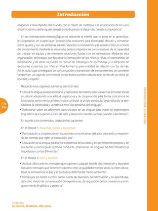 Introducción

           imágenes estereotipadas del mundo, con el objeto de contribuir a la erradicación de los usos
           discriminatorios del lenguaje, se está contribuyendo al desarrollo de esta competencia”.

               En las orientaciones metodológicas es relevante el interés que se pone en el aprendiza-
           je cooperativo, en cuanto que: “proporciona ocasiones para expresarse, discutir y conversar
           entre iguales y con las personas adultas, favorece la convivencia y la construcción en común
           del conocimiento mediante el desarrollo de las competencias comunicativas, de la capacidad
           de trabajar en equipo y de mantener relaciones fluidas con los semejantes. Mediante esta
           organización del trabajo que favorece la interacción de los niños y niñas, el intercambio de
           información y de ideas, la puesta en común de estrategias de aprendizaje y la adopción de
           decisiones conjuntas, los niños y niñas forman su personalidad en relación con los demás.
           Así, el aula, lugar privilegiado de comunicación y transmisión de conocimientos, se convierte
           también en un lugar de convivencia donde todos pueden comunicarse dentro de un clima de
           libertad y respeto”.

              Respecto a los objetivos, llaman la atención dos:




                                                                                                                    INTRODUCCIÓN LITERATURA
             Ž “Utilizar la lengua para relacionarse y expresarse de manera adecuada en la actividad social
               y cultural adoptando una actitud respetuosa y de cooperación, para tomar conciencia de
               los propios sentimientos e ideas y para controlar la propia conducta, desarrollando la sen-
Pág.           sibilidad, la creatividad y la estética en el uso personal del lenguaje”.
216
             Ž “Reflexionar sobre los diferentes usos sociales de las lenguas para evitar los estereotipos
               lingüísticos que suponen juicios de valor y prejuicios clasistas, racistas, sexistas o xenófobos”.

              En cuanto a los contenidos, destacan los siguientes:

              En el bloque 1, Escuchar, hablar y conversar:
             Ž “Participación y cooperación en situaciones comunicativas del aula, valorando y respetan-
               do las normas que rigen la interacción oral”.
             Ž “Utilización de la lengua para tomar conciencia de las ideas y los sentimientos propios y de
               los demás y para regular la propia conducta, empleando un lenguaje no discriminatorio y
               respetuoso con las diferencias”.

              En el bloque 2, Leer y escribir:
             Ž “Actitud crítica ante los mensajes que suponen cualquier tipo de discriminación y favorable
               hacia los mensajes que fomenten valores como la igualdad entre los sexos, la intercultura-
               lidad, la convivencia, la paz y el cuidado y defensa del medio ambiente”.
             Ž “Interés por los textos escritos como fuente de diversión, de información y de aprendizaje,
               así como medio de comunicación de experiencias, de regulación de la convivencia y enri-
               quecimiento lingüístico y personal”.




       LITERATURA
       yo cuento, tú pintas, ella suma
 